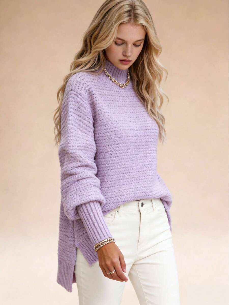 Women's Mock Neck Chunky Knit Sweater, Oversized Textured Multi-Color Pullover, Cozy & Stylish Spring Essential, Elegant Side Split Long Sleeve Jumper, Casual Spring Knit Top, Transitional Layer Piece, Perfect For New Year & Valentine's Day - 紫色(升級款) - 查看 1