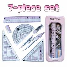 7件套粉色文具套装 - 时尚高品质便携，刻度清晰，测量顺畅，学生必备。套装包含三角尺、量角器、直尺、橡皮擦和圆规，是返校、课堂学习、艺术设计和考试准备的理想之选。