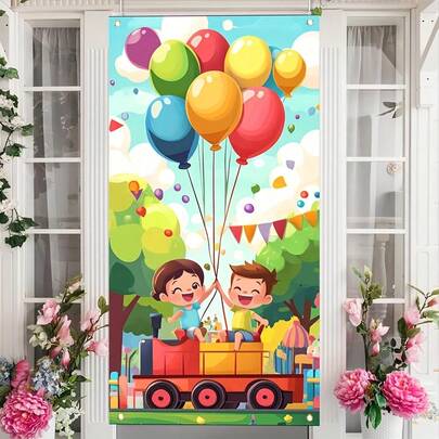Cortina plana para puerta 2D, Bandera decorativa para puerta 2D, 1 pieza de decoración para puerta 2D, Material con escena de tren feliz de dibujos animados, Adecuado para decoración de preescolar, habitación infantil, interior/exterior y decoración festiva