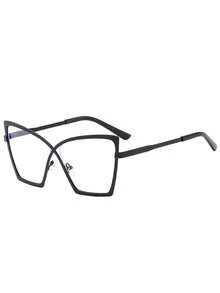 1pc Large Frame Cat Eye Metal Fashion Eyeglasses Frame, Retro Personalized Versatile Transparent Glasses, Unisex Suitable For Daily Wear, Commuting, Reading And Writing - Black - View 4