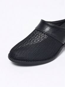 Black Mesh Patchwork Mid-Heel Round Toe Women's Sandals, Half-Slip Breathable Versatile Comfortable Summer Beach Resort Casual Office Commute Daily Wear Shoes - Black - View 6
