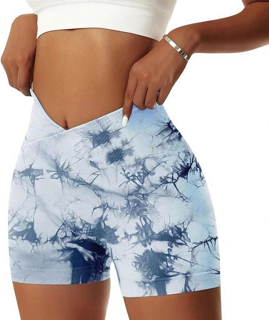 Women's Workout Gym Shorts Booty V Spandex Yoga Biker Shorts Scrunch Butt High Waisted Athletic LeggingsA Valentine's Day DA7V - 紮染淺藍色 - 查看 1
