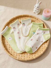 1/5 Pairs Women Ruffle Trim Cherry Ditsy Floral Solid Color Low Cut Socks - Sweet & Cute, Comfortable & Soft, Casual For Daily Wear, Party, Travel, Home, Business, College Style