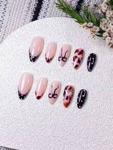 10 Pieces Handmade Almond-Shaped False Nails With Amber Smudge, Brown French Tips, Polka Dots And Bows. Features Hand-Painted Amber Smudge And Brown Bows, Along With Handcrafted Brown French Tips And White Polka Dots. These Elegant, Romantic And Minimalist Press-On Nails Boast A High-End, Sexy And Light-Luxury Style. Perfect For Daily Wear, Dates, Concerts And Light Business Occasions, They Make An Excellent Gift For Women And Girls. - Multicolor - View 4