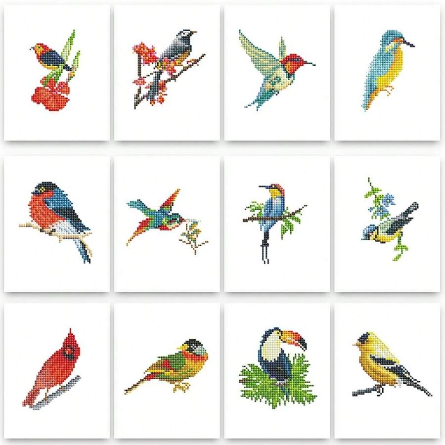 PeakLuv Small Diamond Painting Kits Birds, 12 Pcs Birds Mini Diamond Art Kits For Adults, 5D DIY Square Drill Diamond Dots, Quickly Finishable Cardinal Mini Gem Art For Home Wall Desktop Decor, 6X7in - Birds - 查看 1