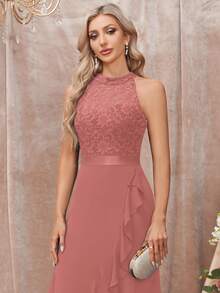 MIUSOL Rochie maxi cu imprimeu floral și volane, cu imprimeu petecă - Roz praf - Vizualizare 7