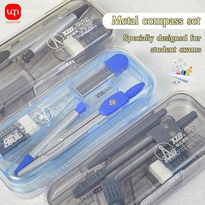 WQN 1 Set/7-Piece Black/Blue Transparent Metal Compass Set, Durable And Drop-Resistant Case, Study And Drawing Tool, Back-To-School Season