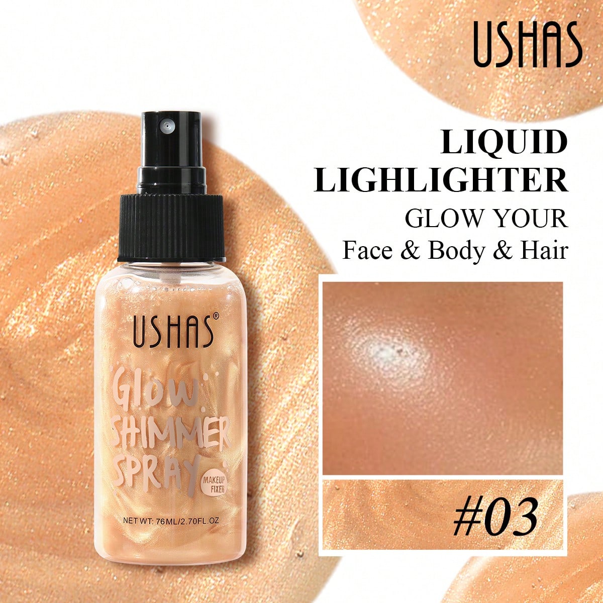 Shein #03 Bronze Satin Sheen Ushas Fine Shimmer Highlight Spray, Glitter Liquid Brightening Spray For Face & Body & Hair, Long Lasting Luminous Glossy Effect, Uniform Mist Spray Easy Control Application, Perfect Daily Party Concert Gathering Brightening Cosmetic
