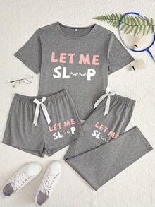 LET ME SLEEP Letter Print Sleepwear Women's Lightweight Breathable Three-Piece Set: Short Sleeve T-Shirt + Shorts + Pants Home Casual Sleepwear Set - 黑色 - 查看 8