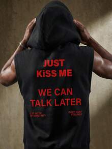 男士无袖连帽背心，红色英文标语印花，休闲街头风 - 黑色 - 查看 1