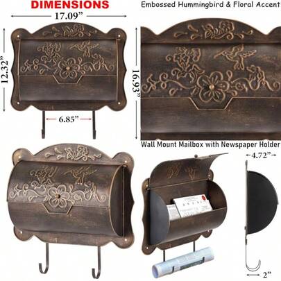 Wall Mount Mailbox With Newspaper Holder Metal Wall Mailboxes For Outside Vintage Decorative Front Porch Mail Box Wall Mounted Horizontal Outdoor Mailbox With Hummingbird Accent 17 X 5 X 17
