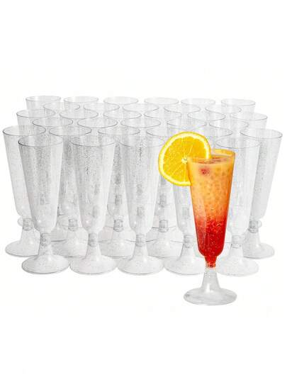 5/10/25/30/50pcs Silver Powder Plastic Champagne Flutes, Shiny Party Decorations, 130ml/4.5oz Reusable Gold Powder Plastic Champagne Glasses, Durable Elegant Stemware Shape, Suitable For Weddings, Cocktail Parties, Holidays, Christmas, New Year