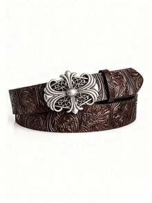 1pc Vintage Style Unisex Belt - Fashionable Black Faux Leather Belt With Retro Hollow Buckle - Punk Rock Y2K Style Belt, Suitable For Jeans, Dresses And Casual Wear - 棕色 - 查看 8