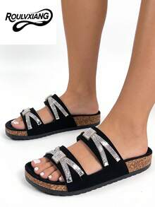 roulvxiang 2026 Nouvelle Conception de Nœud Papillon Pailleté de Strass, Pantoufles Décontractées à Couleur Unie avec Semelle Souple, Sandales d'Été Confortables pour l'Extérieur et la Plage - Noir - Voir 2