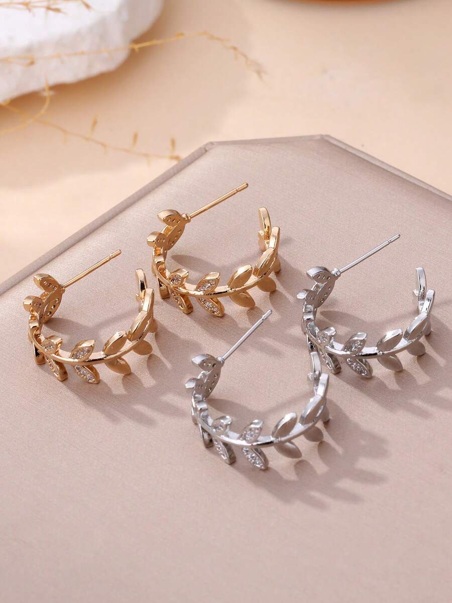1 Pair Fashionable Leaf Cubic Zirconia Women Earrings, Gold/Silver Plated, Dual Color Options, Everyday Wear, Ideal Valentine's Gift, Ramadan Distribution - Leaf Earrings - View 1