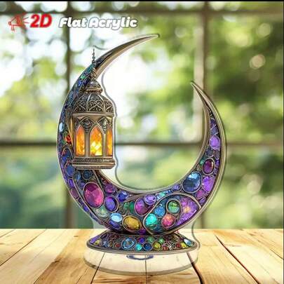 Đồ trang trí để bàn xoay 2D phẳng, 1 chiếc, làm bằng acrylic, trang trí hình trăng lưỡi liềm và đèn lồng nhiều màu sắc, thích hợp cho trang trí nhà cửa trong các dịp lễ hội, thiền định và thư giãn.