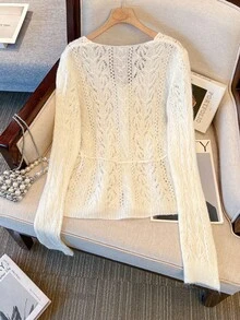 Women's Long Sleeve Knitted Cover Up Top, Personalized Twist Hollow V-Neck Tie Waist Spring Outerwear Knit Cover-Up, Beach Cover-Up - Apricot Color - View 2
