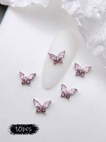 10 件迷你金属水钻蝴蝶美甲装饰 3D 粉色香槟白色指甲饰品，适用于水晶指甲和短指甲，指甲装饰和珠宝制作蝴蝶 DIY 指甲用品指甲饰指甲宝石