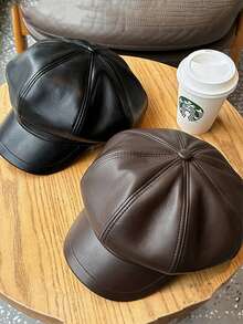 1pc Unisex Retro British Style Octagonal PU Leather Cap, Solid Color Casual For Spring, Autumn And Winter - Multicolor - View 2