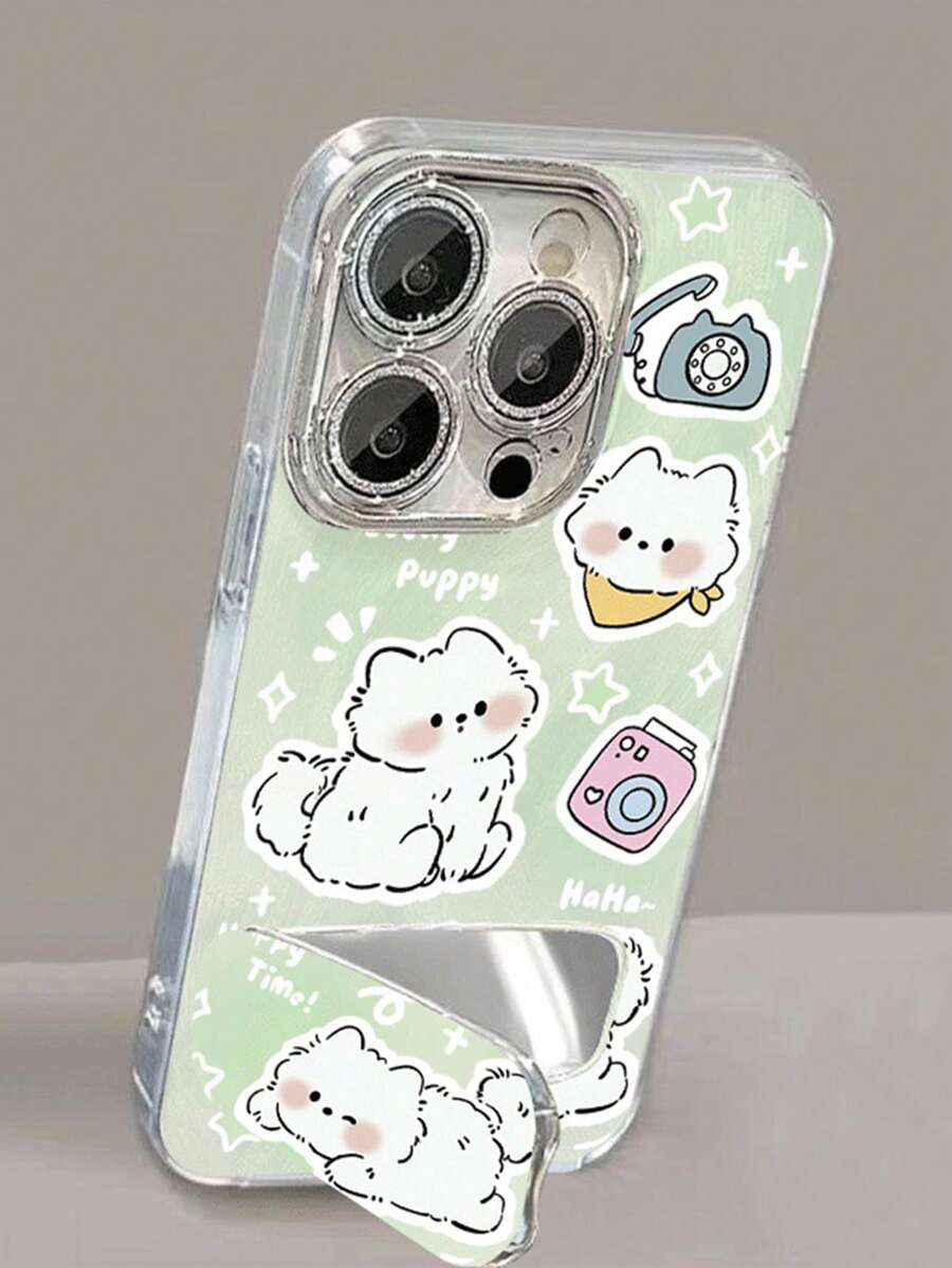 1pc Cute Cartoon Dog Mirror Phone Case Compatible With IPhone 11/12/13/14/15/16/17 Pro Max - Green - View 1