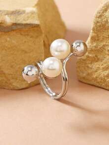 1pc Adjustable Exaggerated Opening Pearl & Diamond Flower Ring - WR936 With Two Pearls - View 3