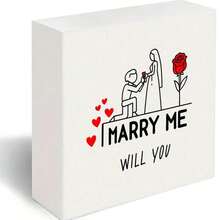 Romantic Marriage Proposal Decorative Wooden Box - Engraved 'MARRY ME WILL YOU' With Kneeling Man & Red Rose Illustration, Small Red Hearts Accent, Ideal Valentine's Day Gift For Couples, Engagement Keepsake Box, Thoughtful Birthday Surprise For Fiancée/Fiancé - White - View 1
