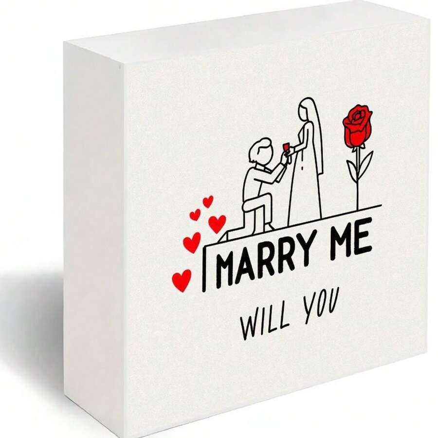 Romantic Marriage Proposal Decorative Wooden Box - Engraved 'MARRY ME WILL YOU' With Kneeling Man & Red Rose Illustration, Small Red Hearts Accent, Ideal Valentine's Day Gift For Couples, Engagement Keepsake Box, Thoughtful Birthday Surprise For Fiancée/Fiancé - White - View 1