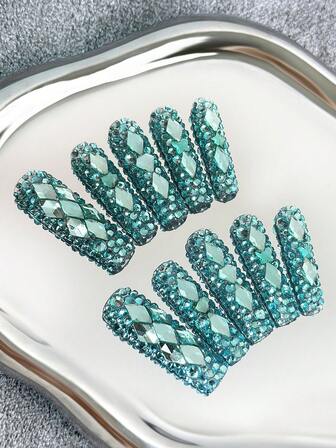 Y2K 超长方形美甲，手工制作，透明甲片，薄荷蓝水钻，闪亮全覆盖 3D 设计 - 全覆盖 DIY 闪光人造指甲，适用于派对、户外、海滩、日常、节日、聚会、工作和特殊场合 - 10 片/袋