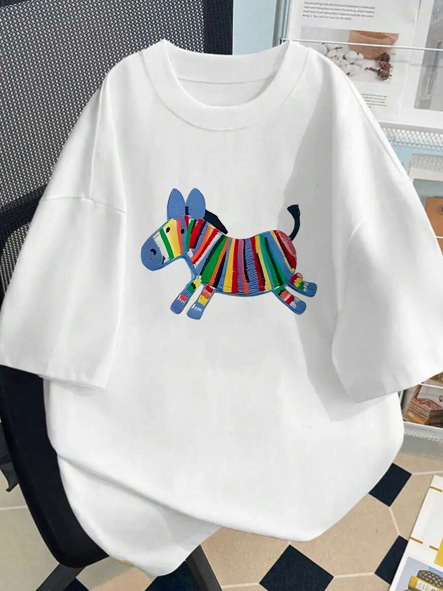 Japanese Style Women's Loose Fit Round Neck Casual Versatile Printed Short Sleeve T-Shirt, Spring/Summer - White - View 1