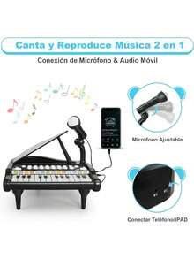 Piano De Juguete Para NiñOs, Teclado De Piano ElectróNico 24 Teclas Con MicróFono, 3 Modos De EnseñAnza, Ritmo Colorido Luminoso, Juguetes De Instrumentos Musicales Regalos Divertido Para NiñO NiñA - Negro - Ver 3