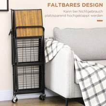 Folding Kitchen Trolley, 3-Tier Service Trolley With Handle, On 4 Wheels, Made Of Steel, Brown And Black.