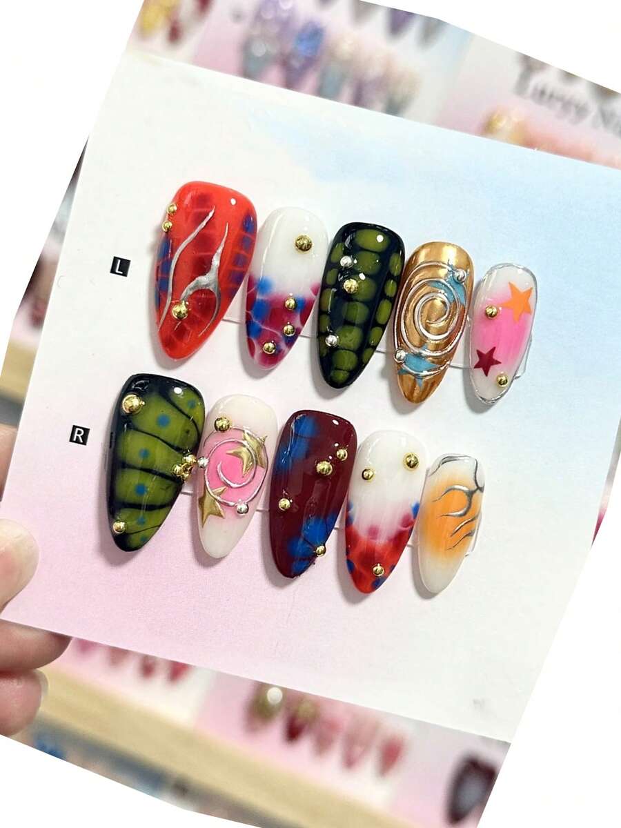Ten-Piece Gothic Punk Handmade Nail Art, Colorful Styles, Handmade False Nails, Luxurious And High-End Style, Medium Almond-Shaped Press-On False Nails, Spring False Nails, Reusable False Nails, A Gift For Women, Nail Art, Suitable For Girls Or Ladies To Wear To Parties Or Everyday Wear. Nail Supplies Handmade Press On Nails