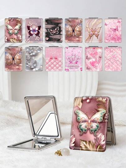 1个奢华蝴蝶造型化妆镜，可折叠轻巧便携，耐用PU皮革材质，适合各种场合和人群，长方形口袋镜