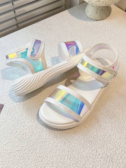 Two Girls' Transparent And Colorful Upper Design Flat-Bottom Sports Cute Sandals, Suitable For Summer.