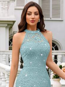 Sequin Floral Lace Contrast Color Mesh Backless Ruffle Hem Formal Party Maxi Dress, Elegant Ladies Party Gown, Formal Evening Dress, Ball Gown, Suitable For Wedding Guest, Graduation Ceremony, Gala Dinner And Other Occasions Spring - Mint Blue - View 9