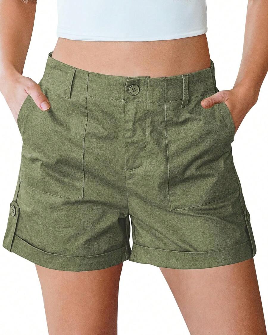 Shorts Women High Waisted Dressy Casual Summer Elastic Waist Comfy Rolled Hem Stretch Twill Pocket ShortsA Valentine's Day GQEL - 軍綠色 - 查看 1
