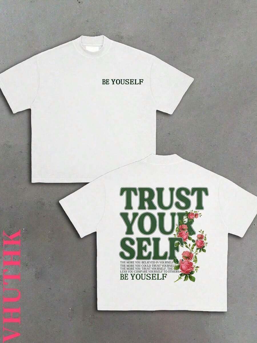 VHUTHK Double-Sided Printing (180 Pure Cotton T-Shirt)    Men's Summer Round Neck Short Sleeved Casual Pure Cotton Print  BE YOUSELF   Y2k  Style - trắng - Xem 1