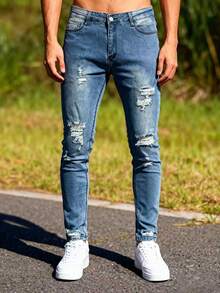 Men's Distressed Denim Jeans | Faded Light Blue Slim Tapered Pants | Ripped Details On Knees And Thighs, Raw Edge Finish | Year-Round Wear, Hand Or Machine Washable | Versatile Everyday Pants For Casual Outfits, Matches With White Tees And Simple Shoes - 中等水洗藍 - 查看 6