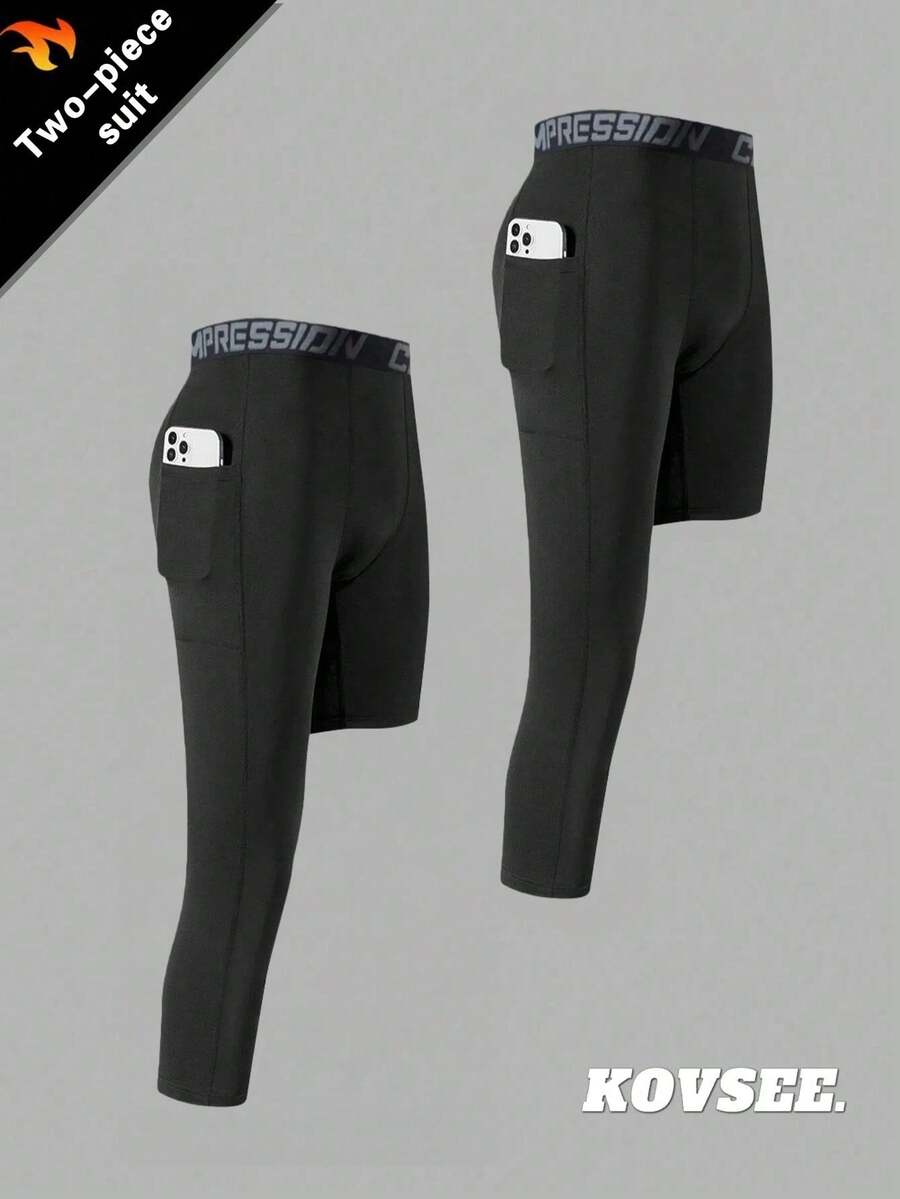 KOVSEE 2 piezas Mallas deportivas con bolsillos, cintura con cinta estampada, para gimnasio, correr, baloncesto, regalo - Negro - Ver 1