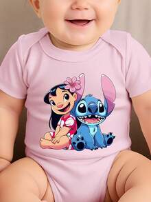 Disney Baby Clothing, Newborn  - Unisex - Disney Stitch And Lilo Cartoon Print - Crawling And Toddling Stage Set - Summer Outdoor Casual Crewneck Crawling Coverall With Triangle Hem Design - Summer Essential Item - Playful And Fun - Adorably Cute - Perfect Holiday Gift For Infants And Toddlers - Hồng - Xem 2