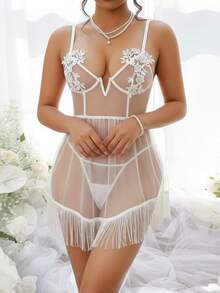 Women's Sheer Lingerie Set Romantic Flower Embroidery Sleeveless Deep V Neck Babydoll Nightdress With G-String 2 Pcs Set - trắng - Xem 1