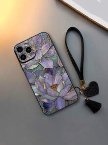 1pc Thick Anti-Drop Floral Painted Phone Case With Decorative Leather Heart Wrist Strap, DIY Pendant Charm, Compatible With IPhone 17pro/17Air /17/17promax16/11/16pro/16plus/16promax/16e, Galaxy S26/S26PLUS/S26 Ultra S25/S25PLUS/S25, Redmi - Multicolor - View 4