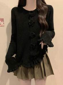 Women's Cardigan With Ruffled Rose Button Asymmetrical Hem, Bell Sleeve Top - Black - View 7