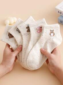 5双装女士波点网眼可爱卡通动物印花休闲短袜，米色，适合春夏穿着