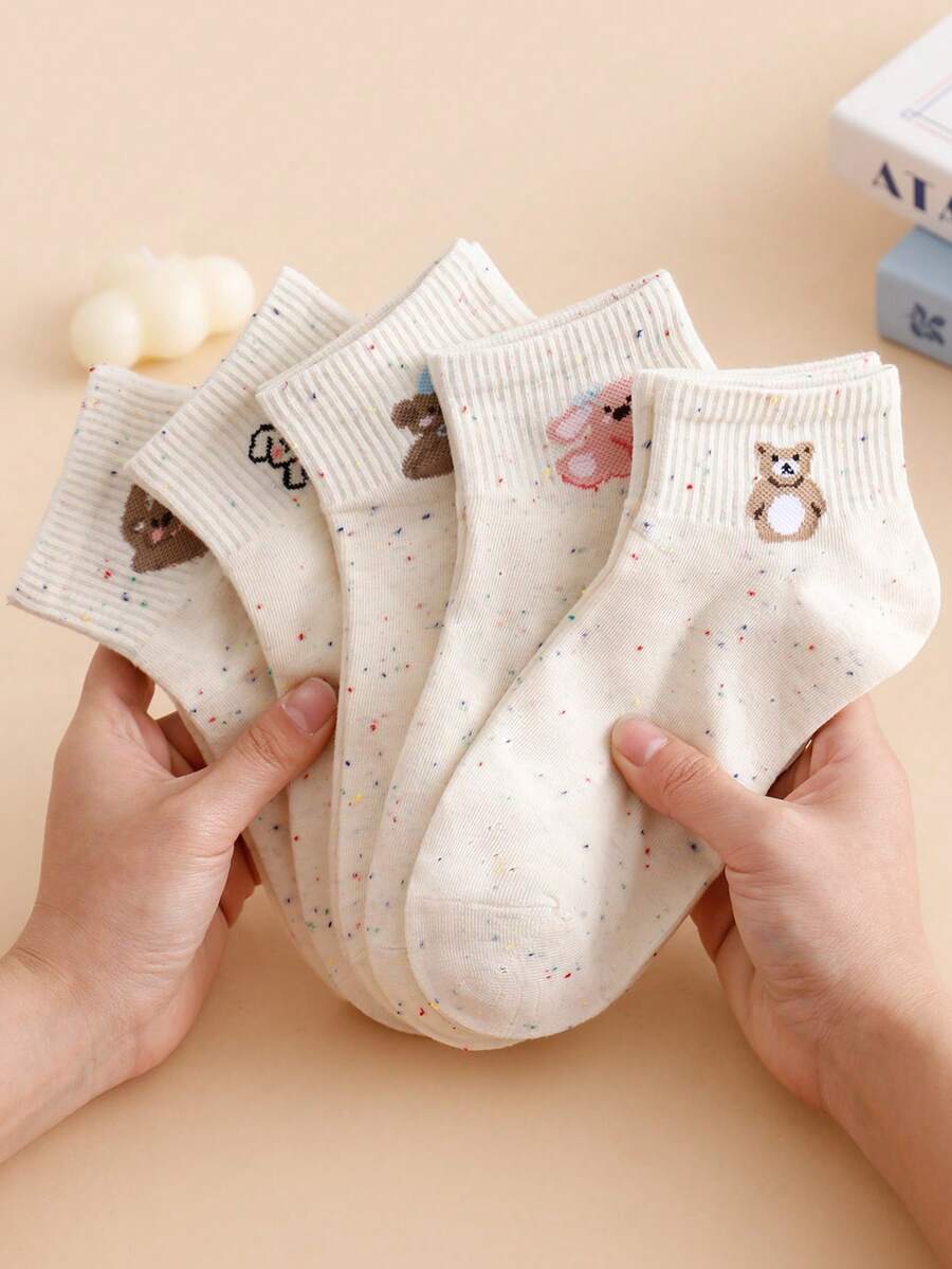 5双装女士波点网眼可爱卡通动物印花休闲短袜，米色，适合春夏穿着