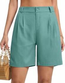 Women's Linen Shorts Dress Casual Wide Leg Summer Pleated Shorts High Waisted With Pockets 10A Valentine's Day 125J - 綠湖 - 查看 7