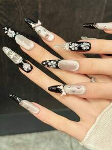 10 miếng dán móng tay thủ công hình hoa mắt mèo màu tím nhọn, thích hợp cho các bữa tiệc và sử dụng hàng ngày. - màu đen - Xem 3