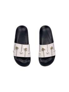 roulvxiang New Black, Brown, Apricot Slippers With Heart, Pentagram, Polka Dot, Metal Buckle Design, Casual Indoor/Outdoor, Beach, Waterproof Flat Sandals With Rhinestone Sequins For Women - White - View 3