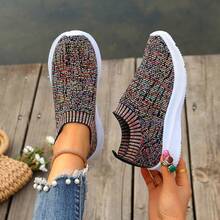 女士针织弹力套脚休闲运动鞋，简约百搭轻便舒适软底袜套鞋，网眼透气防滑跑步鞋 - 彩色 - 查看 11