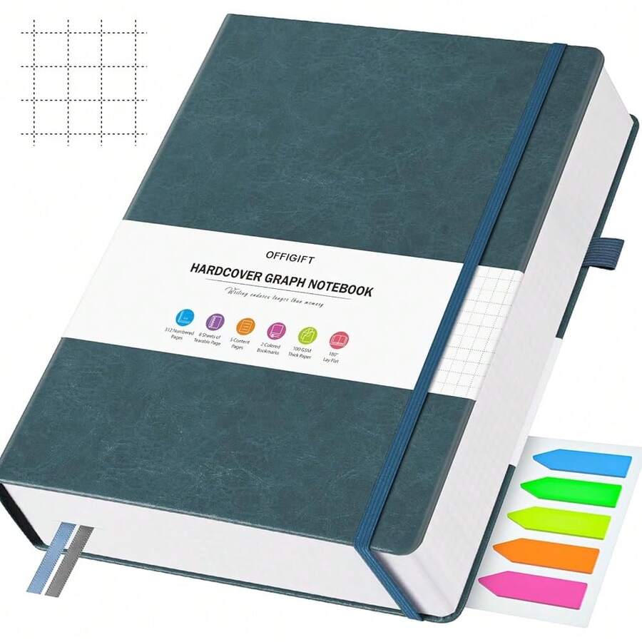 Cuaderno de papel cuadriculado, 312 páginas sin numerar, tapa dura de cuero B5, papel de cuadrícula de 100 g/m² sin sangrado, cuaderno con páginas de índice, cuaderno de cuadrícula para notas de gráficos matemáticos, 7.6" X 10", azul grisáceo - Gris azul - Ver 1
